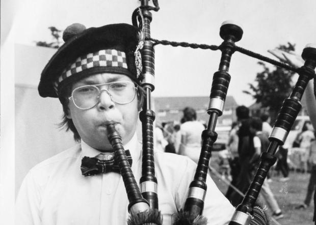 Bagpipes - Iain Allen, of the Basildon Sutherlands Pipes and Drums, in July 1983